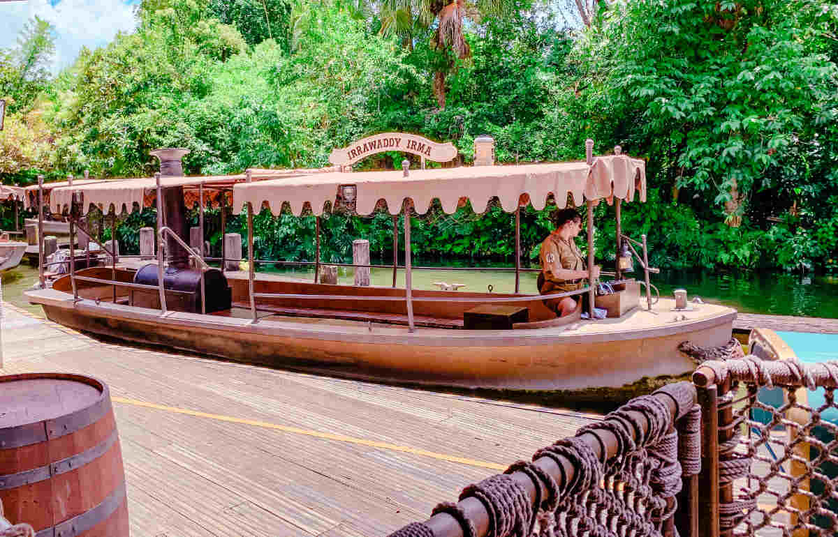 Narrow boat with a canopy cover and a person at the helm parked on a wooden dock
