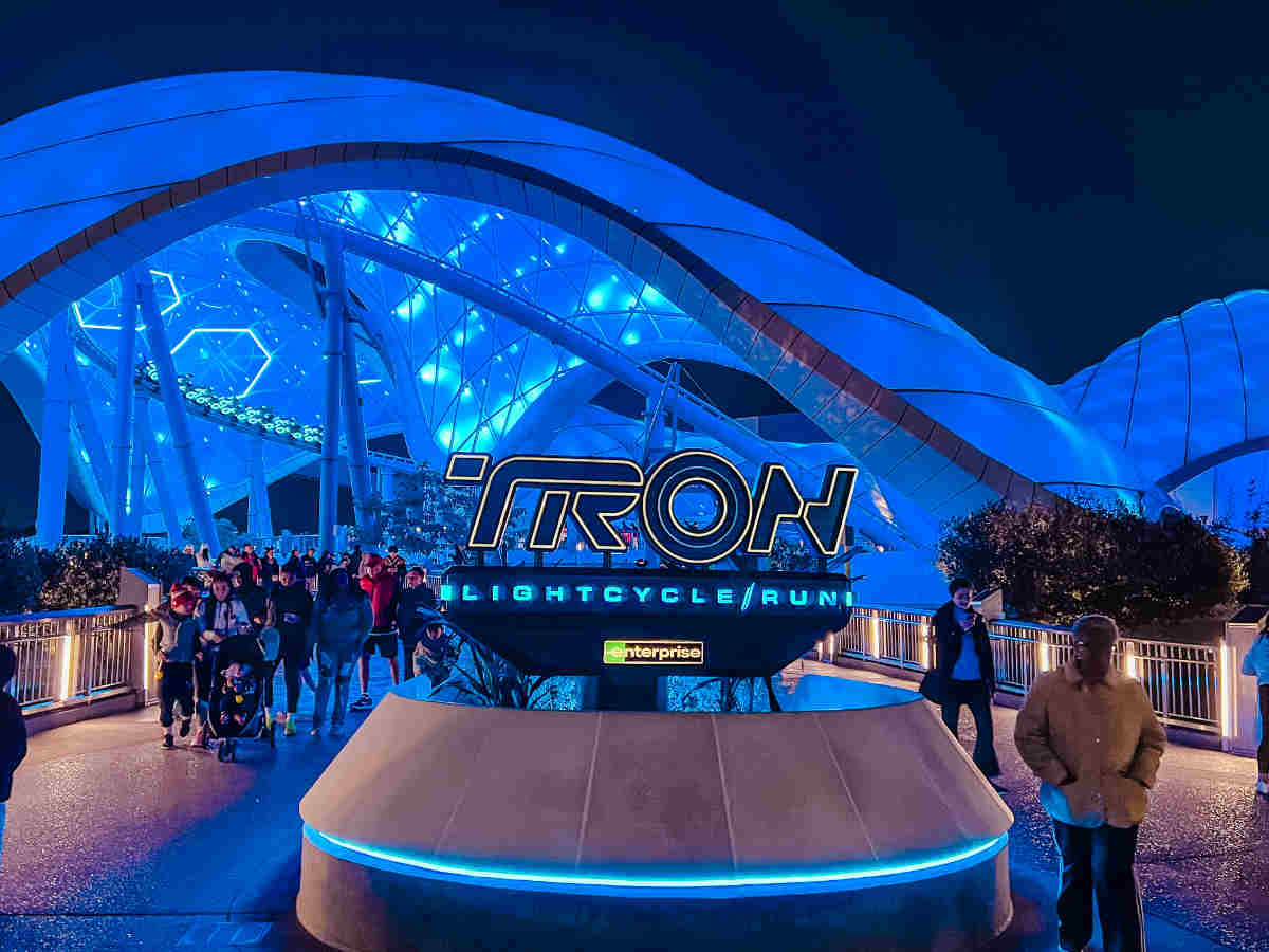 Night view of the Tron LIghtcycle roller coaster - one of the fastest roller coasters at Disney World