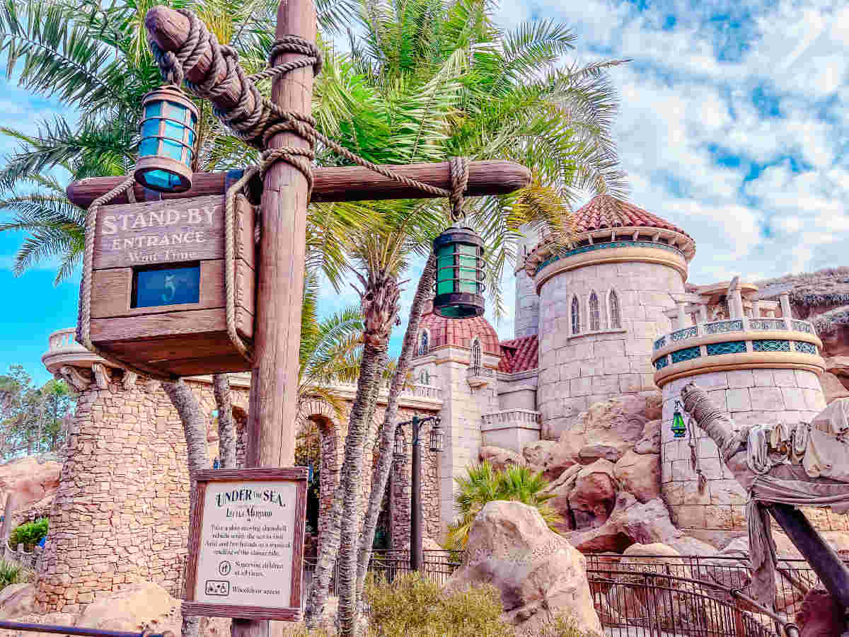 Outside the Under the Sea ride at The Magic Kingdom showing Ariel's palace 'under the sea'