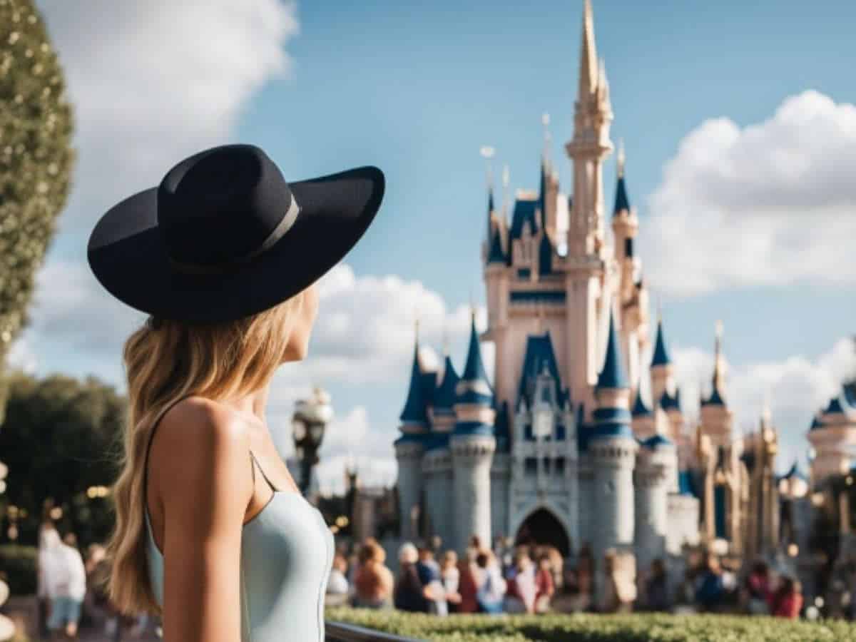 woman wearing a black hat on a sunny day in front of cinderella's castle at disney world